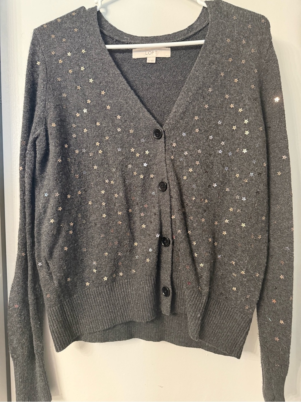LOFT Gray Star-Studded V-Neck Button Cardigan